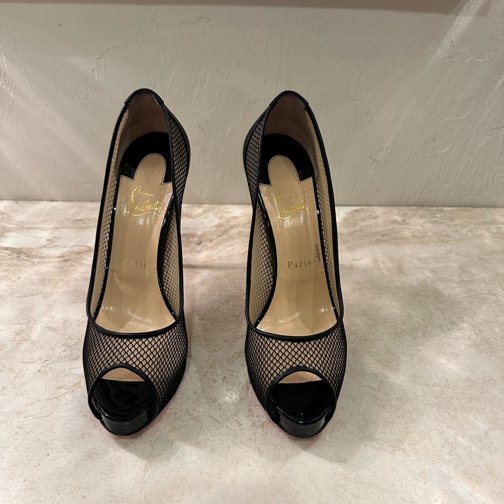 Christian Louboutin Black Mesh Peep-Toe Heels